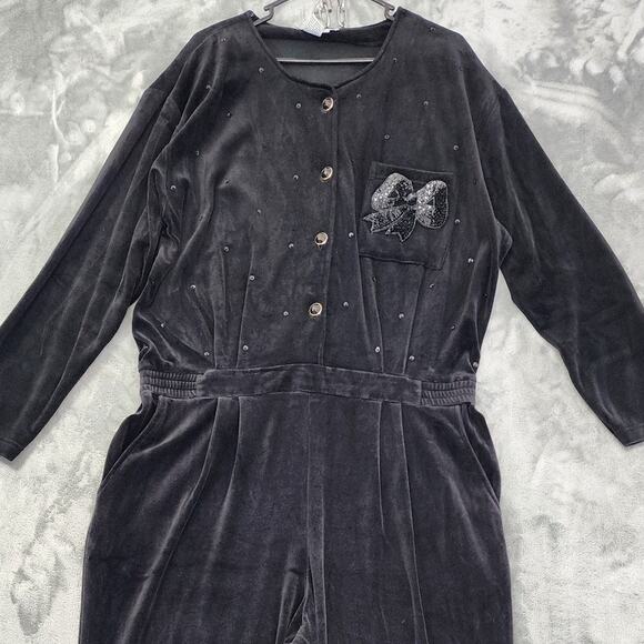 Vintage SK & Company Velvet Velour Sequin Beaded Jumpsuit Size 2X Black Bow - Picture 2 of 13